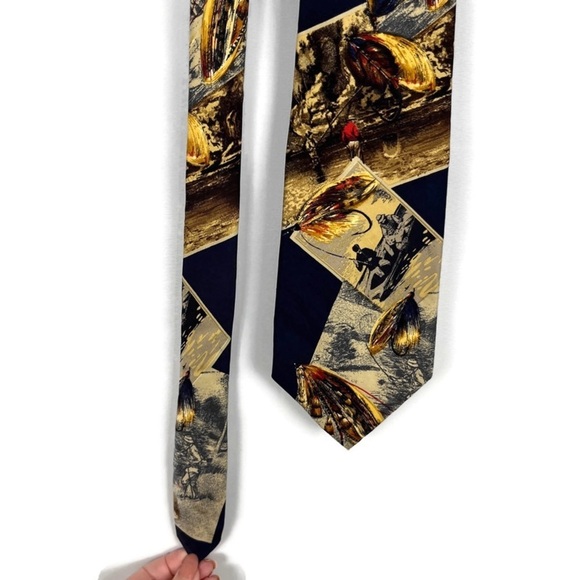 EDDIE BAUER Fly Fishing Theme Tie 100% Silk Gorpcore Dad Gift Blue Outdoors - Picture 1 of 6